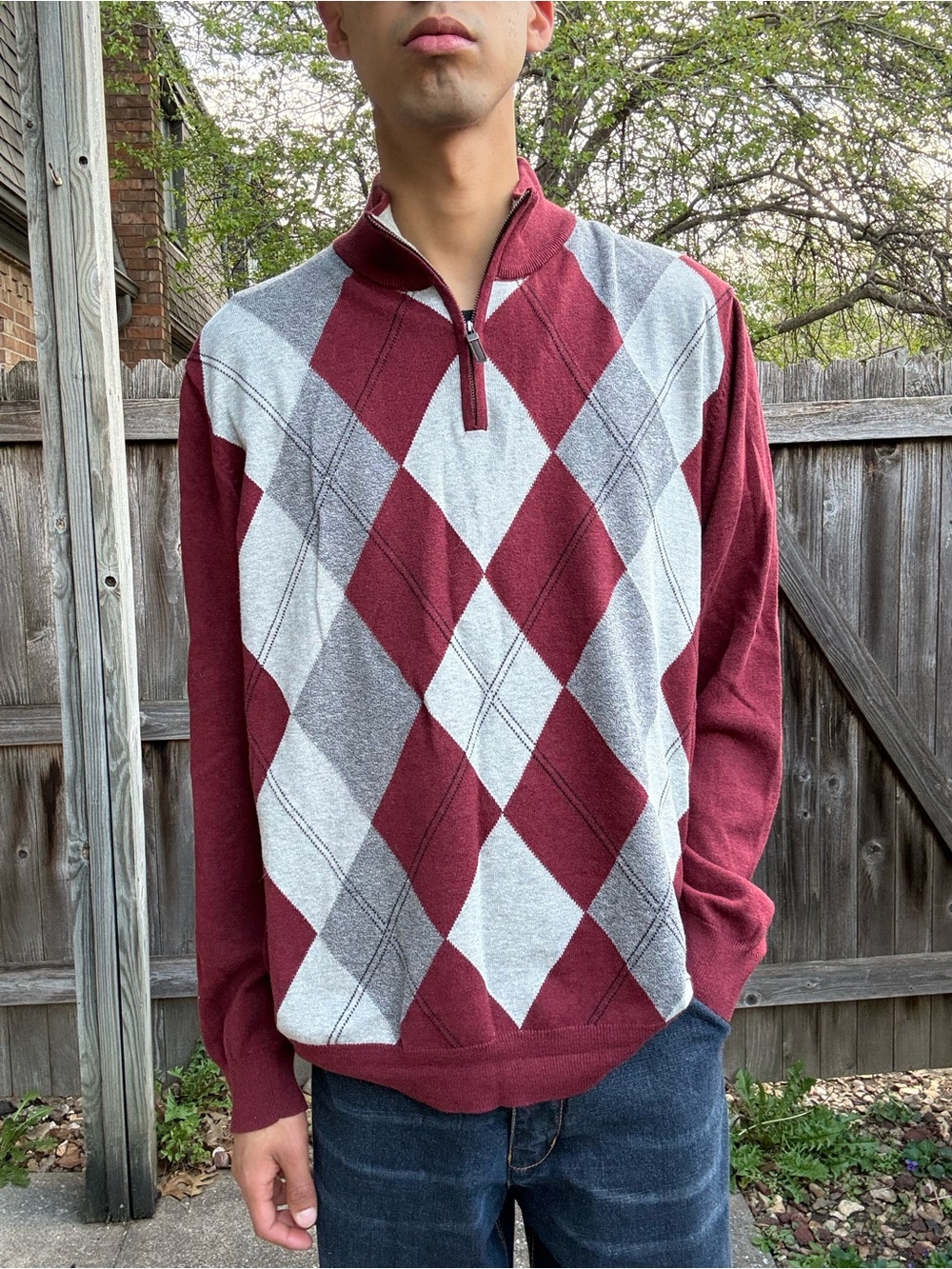 Tasso Elba Maroon and Gray Argyle Quarter-Zip Sweater